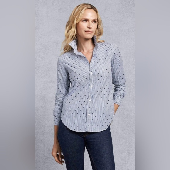 Frank & Eileen |‎ Women Button Down Shirt in Blue Stripe w/ Navy Hearts Sz XS - Picture 1 of 11